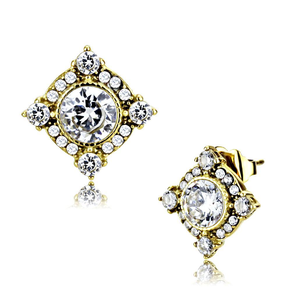 JCE293 IP Gold(Ion Plating) Stainless Steel Earrings with AAA Grade CZ  in Clear