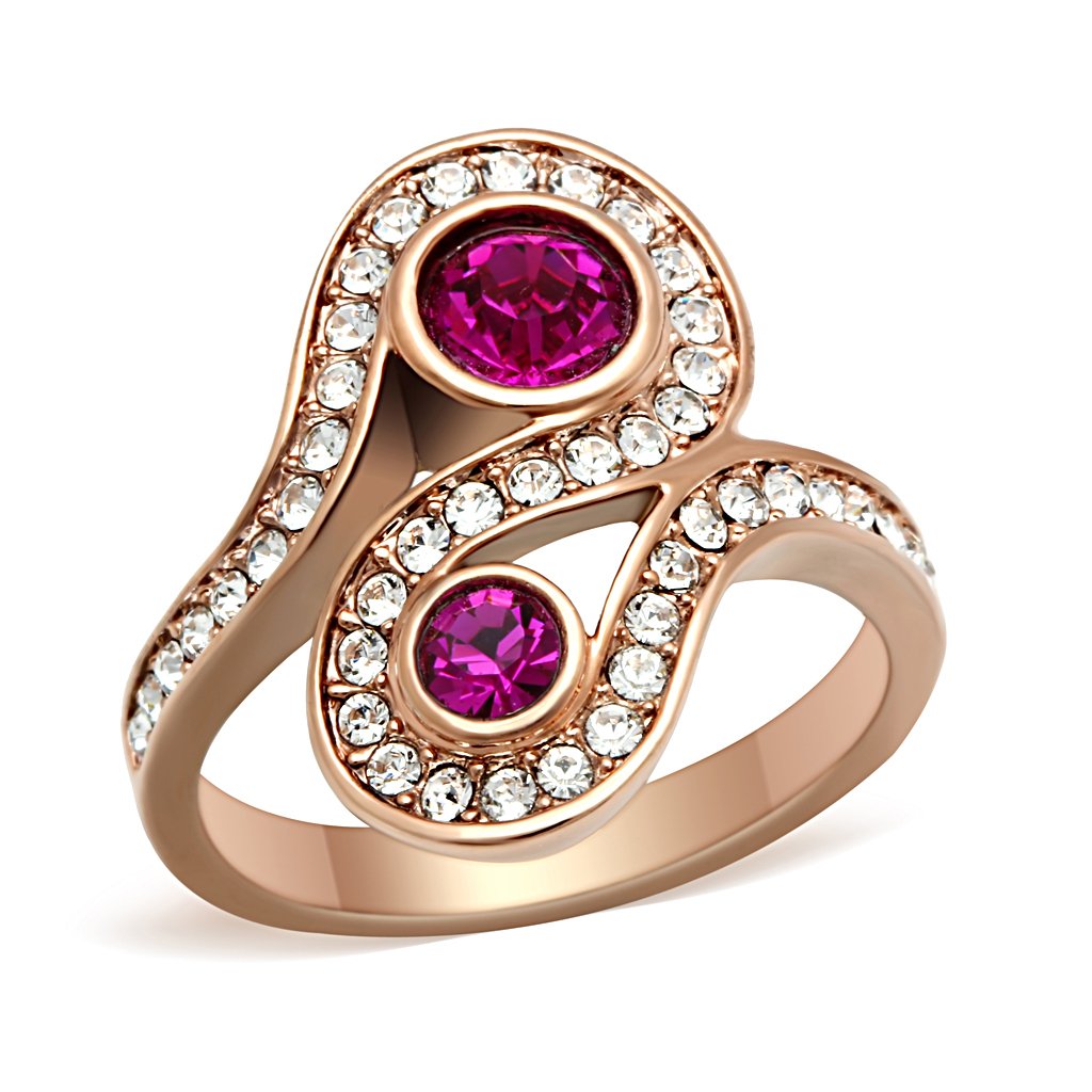 JCE153 IP Rose Gold(Ion Plating) Brass Ring with Top Grade Crystal  in Fuchsia