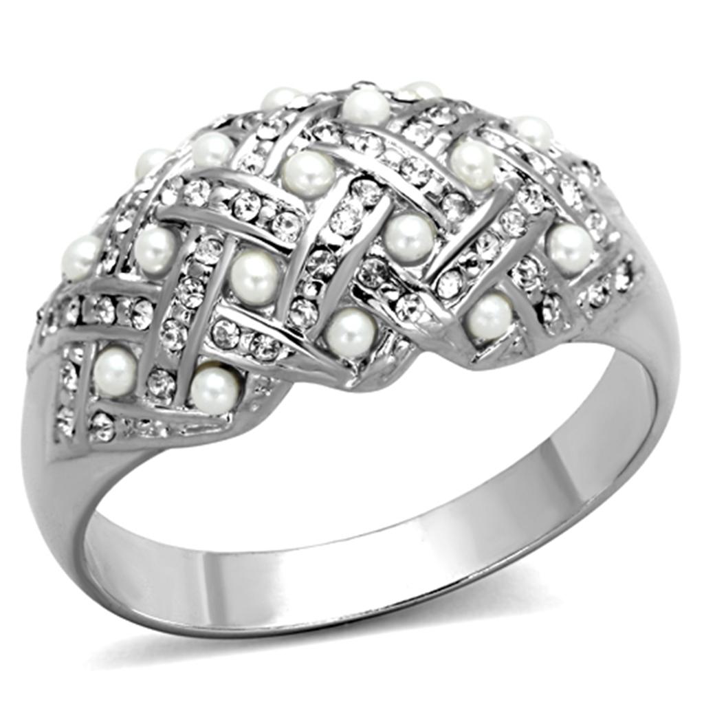 JCE3183 Rhodium Brass Ring with Synthetic Pearl in White