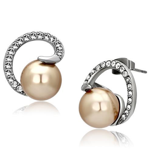 JCE1041 High polished (no plating) Stainless Steel Earrings with Synthetic Pearl in Brown