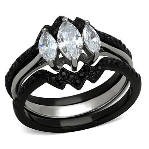 JCE1347 Two-Tone IP Black Stainless Steel Ring with AAA Grade CZ  in Clear
