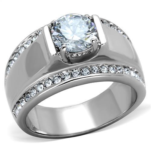 JCE2054 High polished (no plating) Stainless Steel Ring with AAA Grade CZ in Clear