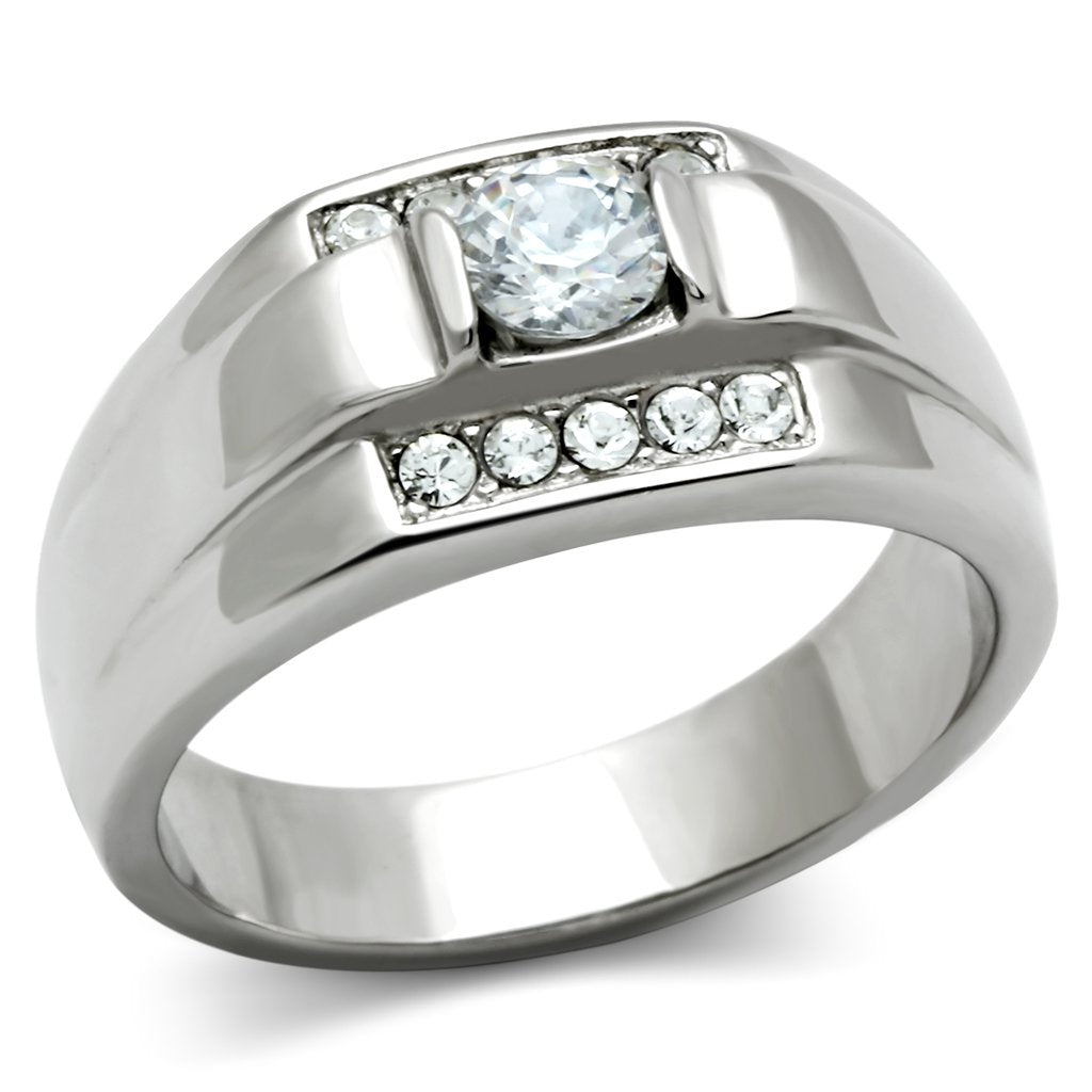 JCE314 High polished (no plating) Stainless Steel Ring with AAA Grade CZ in Clear
