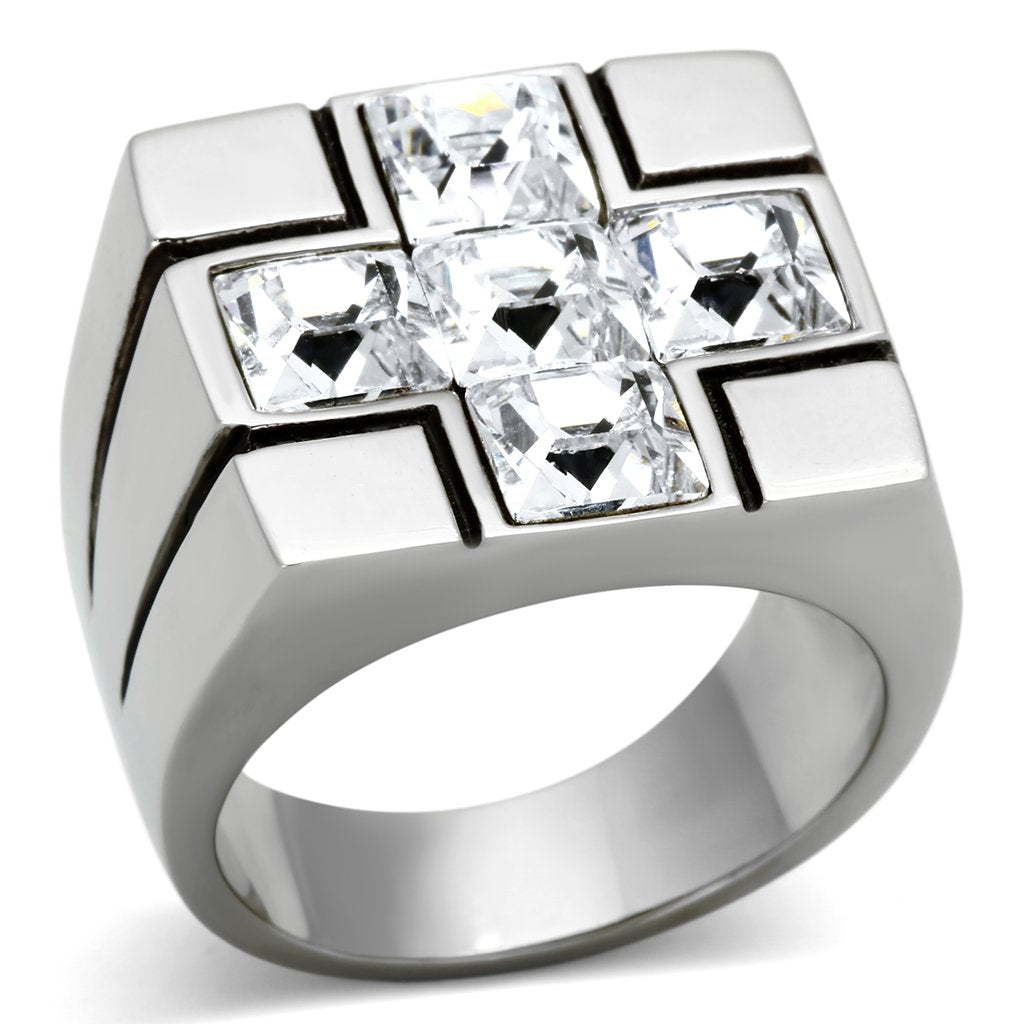 JCE919 High polished (no plating) Stainless Steel Ring with Top Grade Crystal in Clear