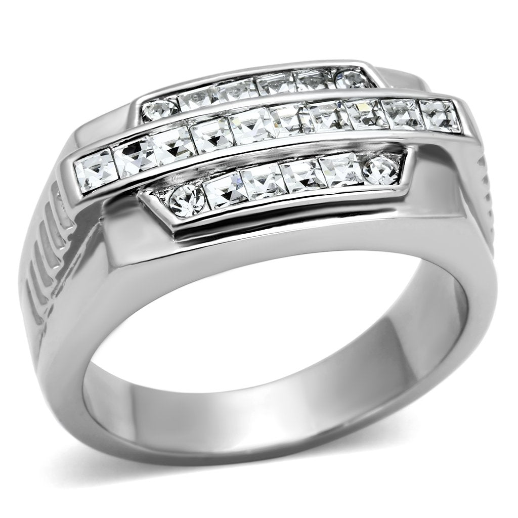 JCE956 High polished (no plating) Stainless Steel Ring with Top Grade Crystal in Clear
